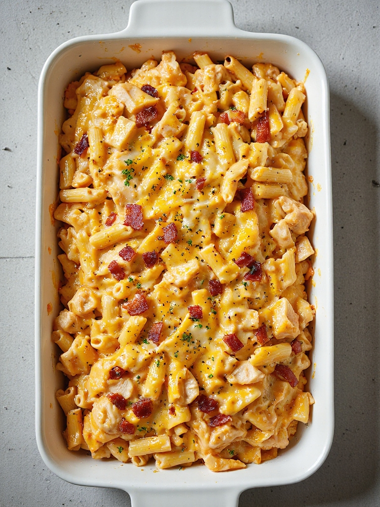 cheesy chicken bacon pasta bake