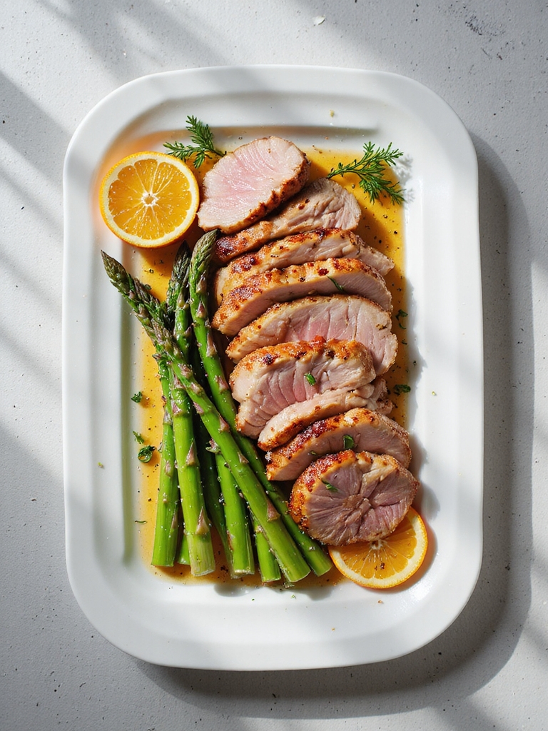 citrus marinated pork and asparagus