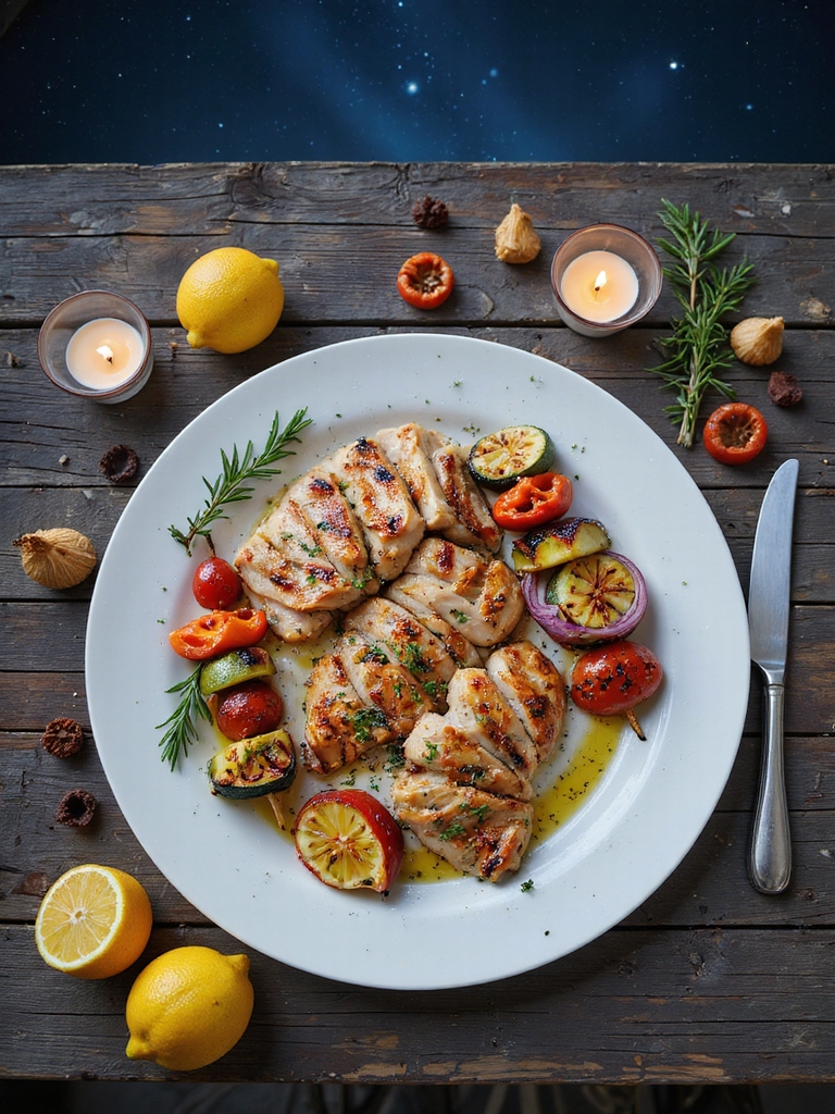 grilled chicken with vegetable skewers