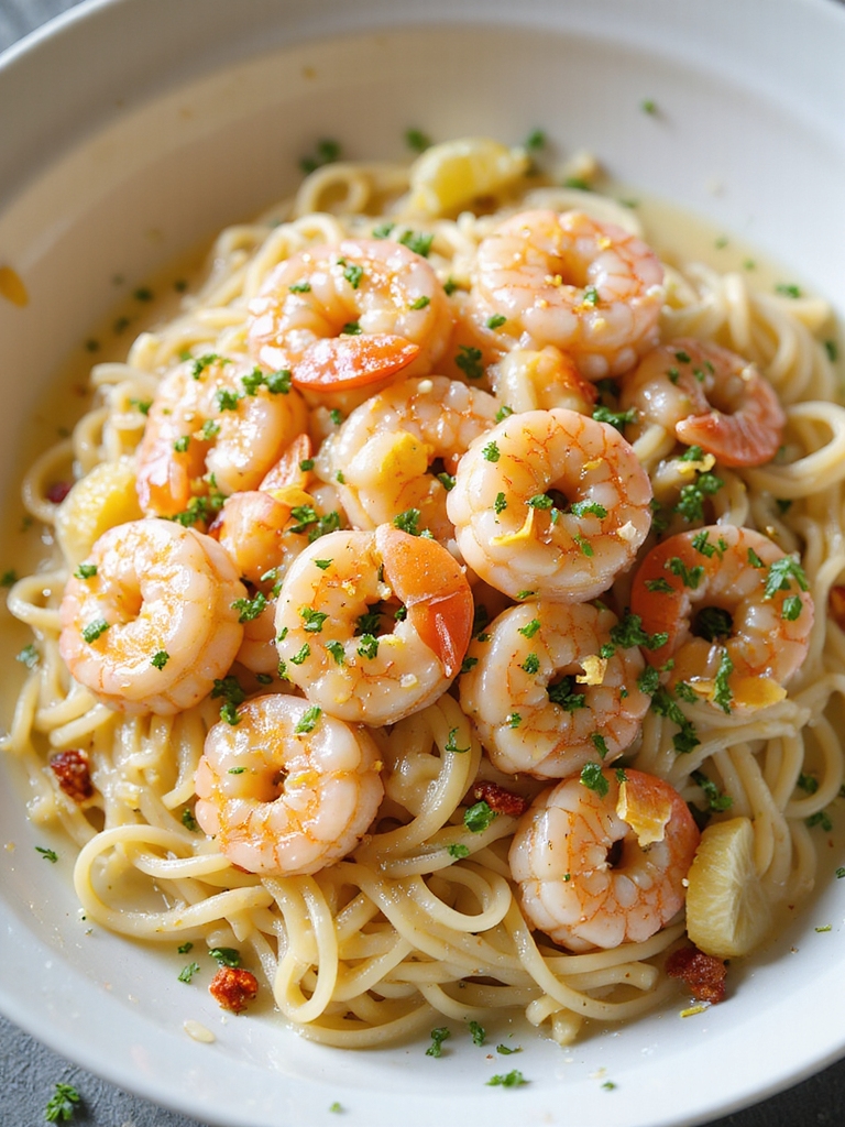 bright lemon garlic shrimp pasta