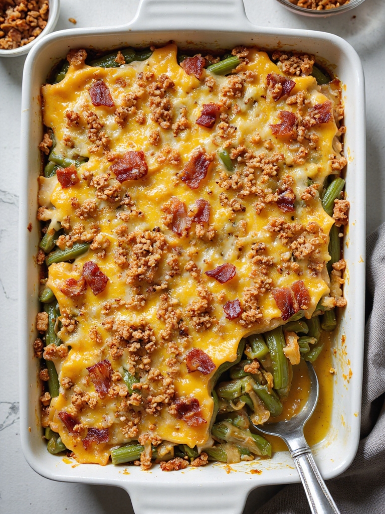 cheesy bacon caramelized onion beans