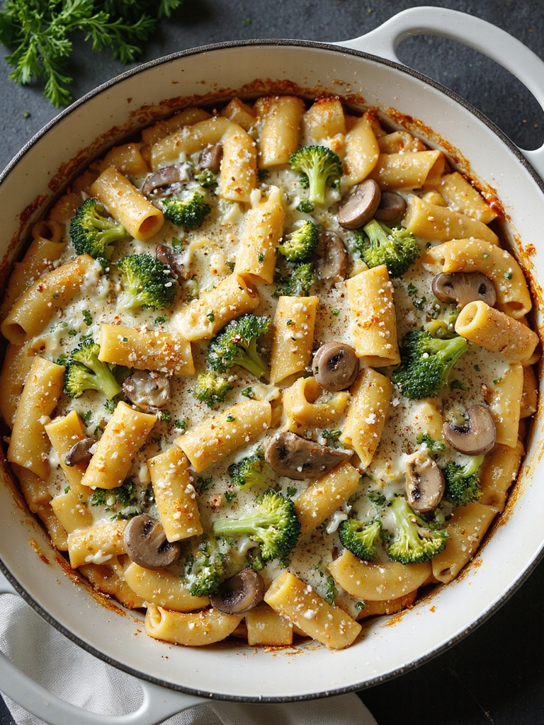 cheesy broccoli mushroom baked pasta