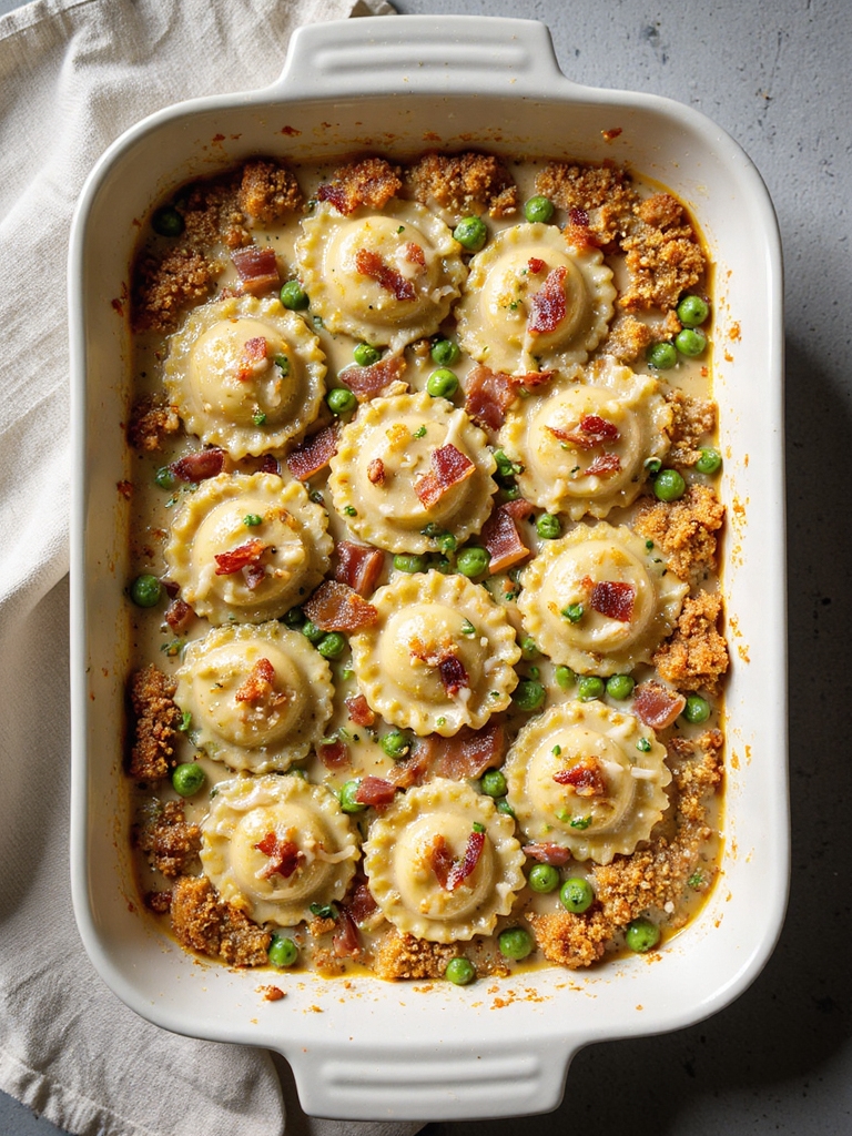 creamy bacon pea ravioli