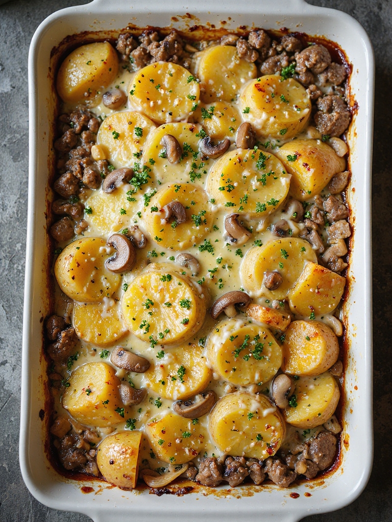 creamy beef potato mushroom casserole