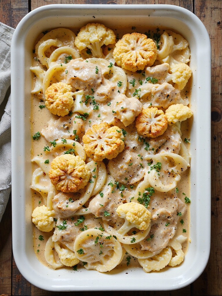 creamy cauliflower topped chicken alfredo