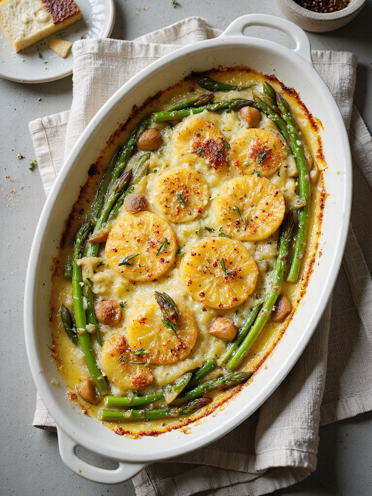 creamy layered spring vegetable gratin
