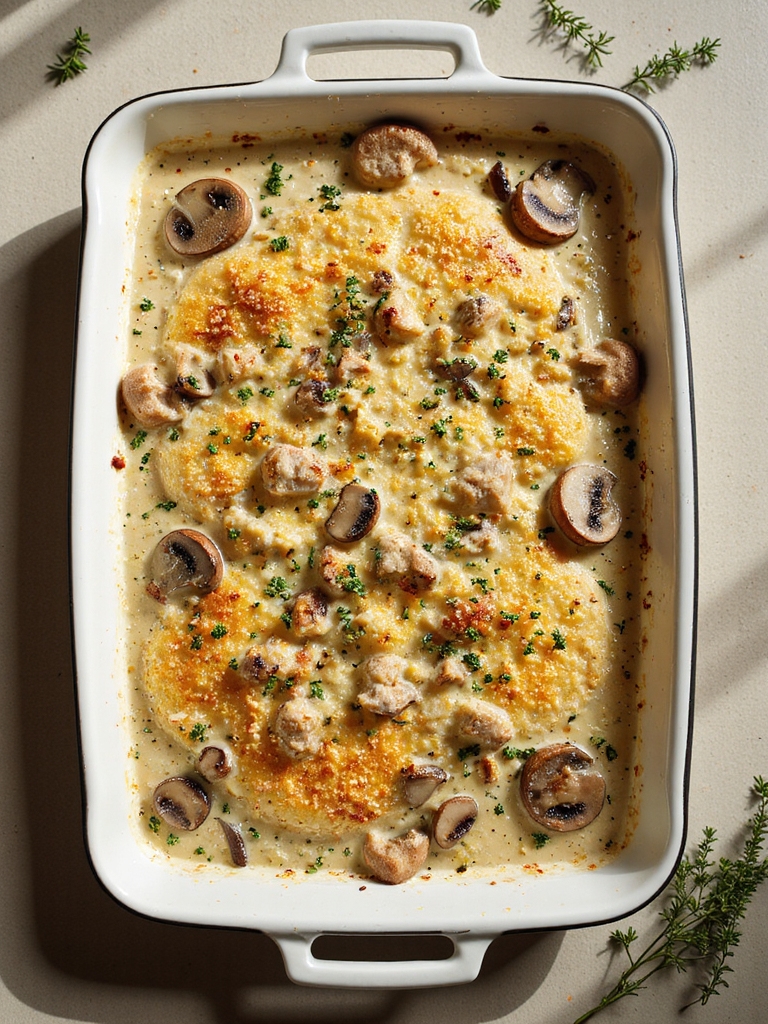creamy mushroom herb turkey casserole