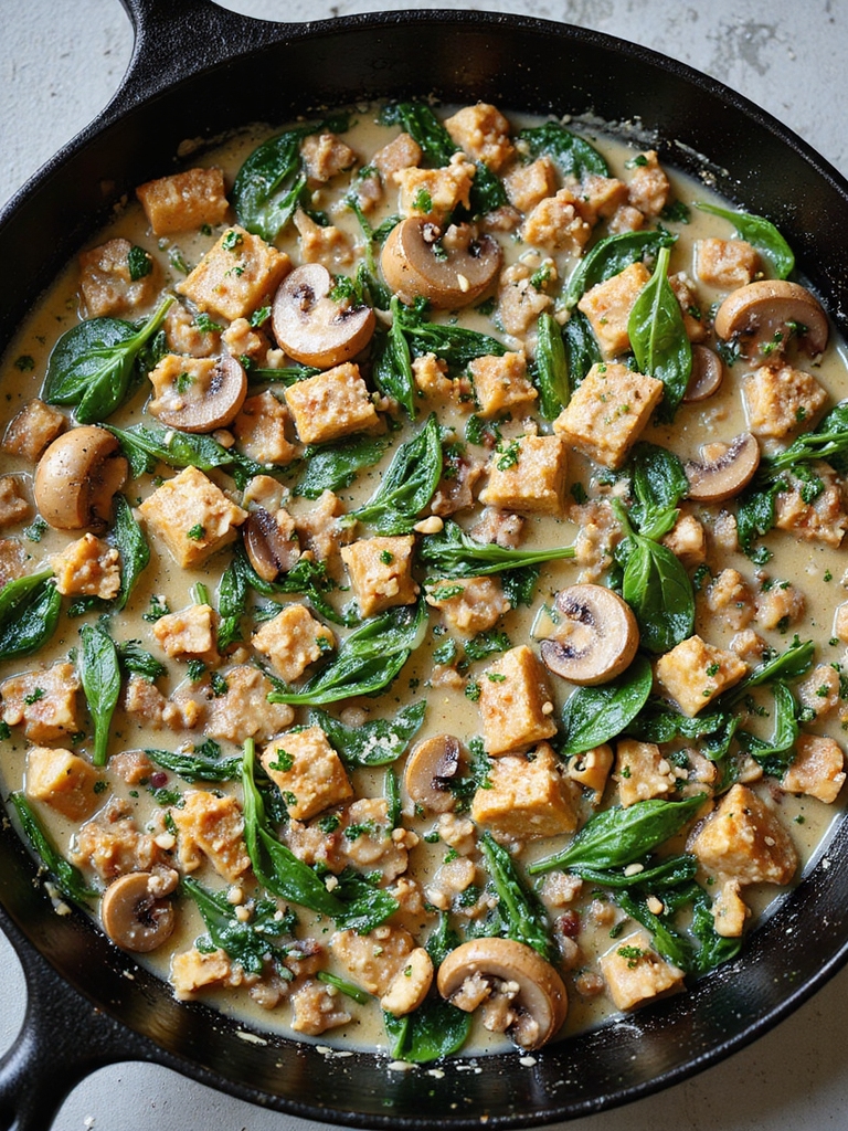 creamy mushroom spinach turkey skillet