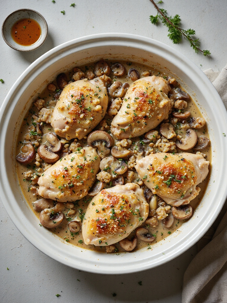 creamy mushroom thyme chicken bake