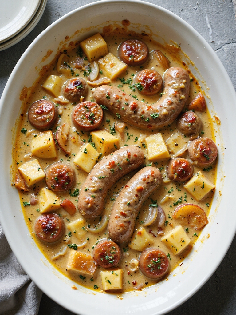 creamy mustard apple sausage bake