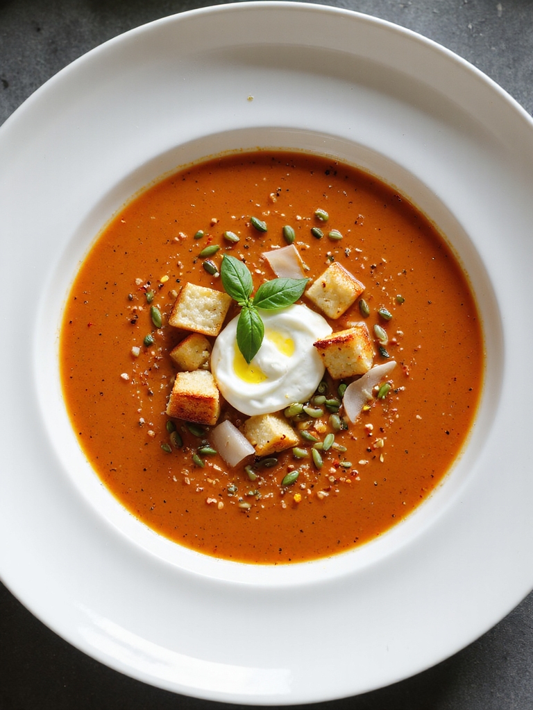 creamy soup with crunchy garnishes