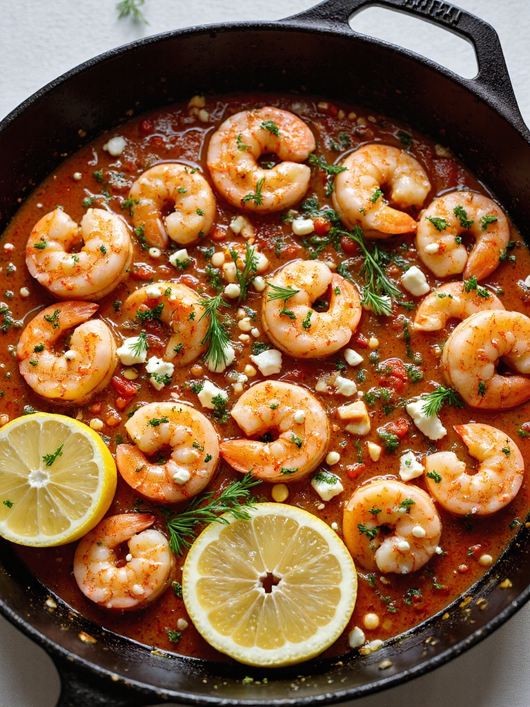 garlicky tomato feta shrimp skillet