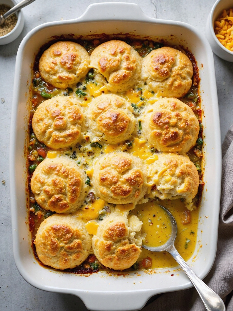 golden flaky cheddar biscuit casserole