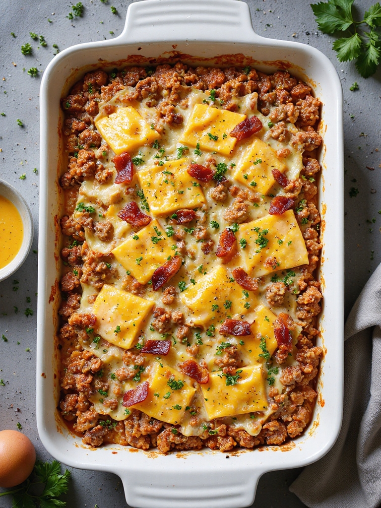hearty three meat cheesy casserole
