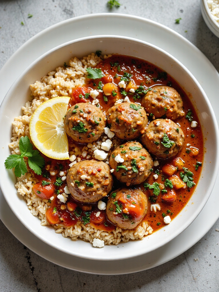herb studded tomato orzo meatballs