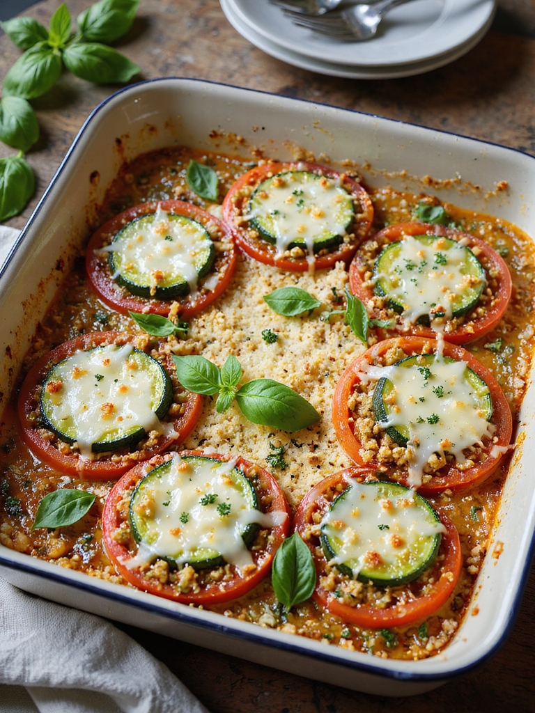 layered pesto zucchini tomato bake