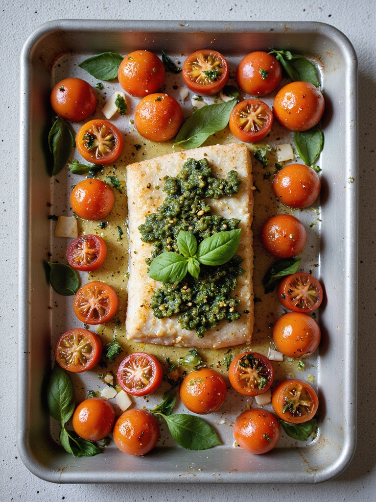 light pesto baked flaky cod