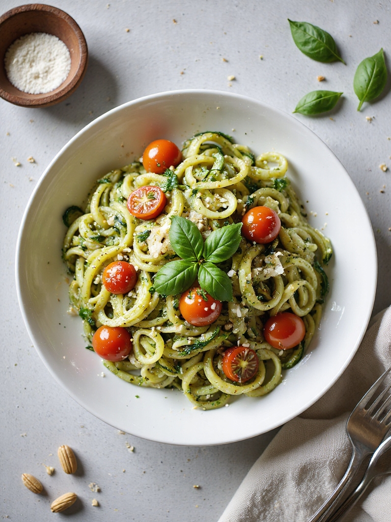 light zucchini pesto with tomatoes