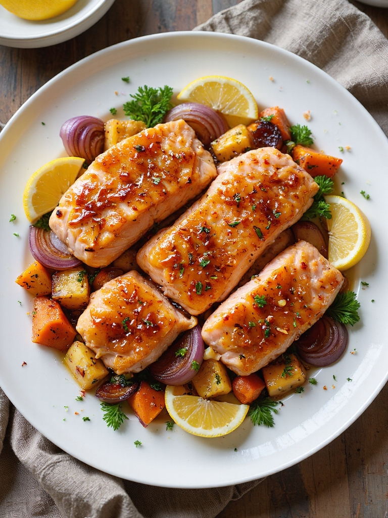 maple dijon glazed salmon with roasted roots
