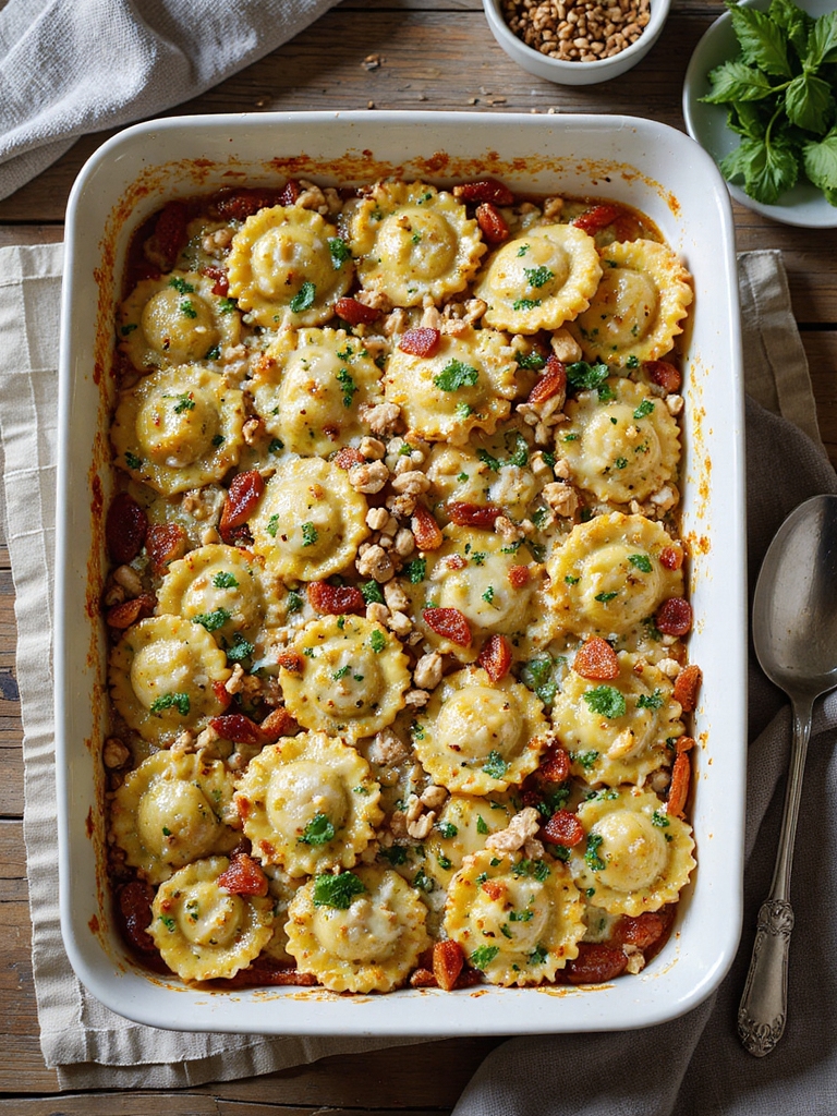 pesto chicken ravioli bake