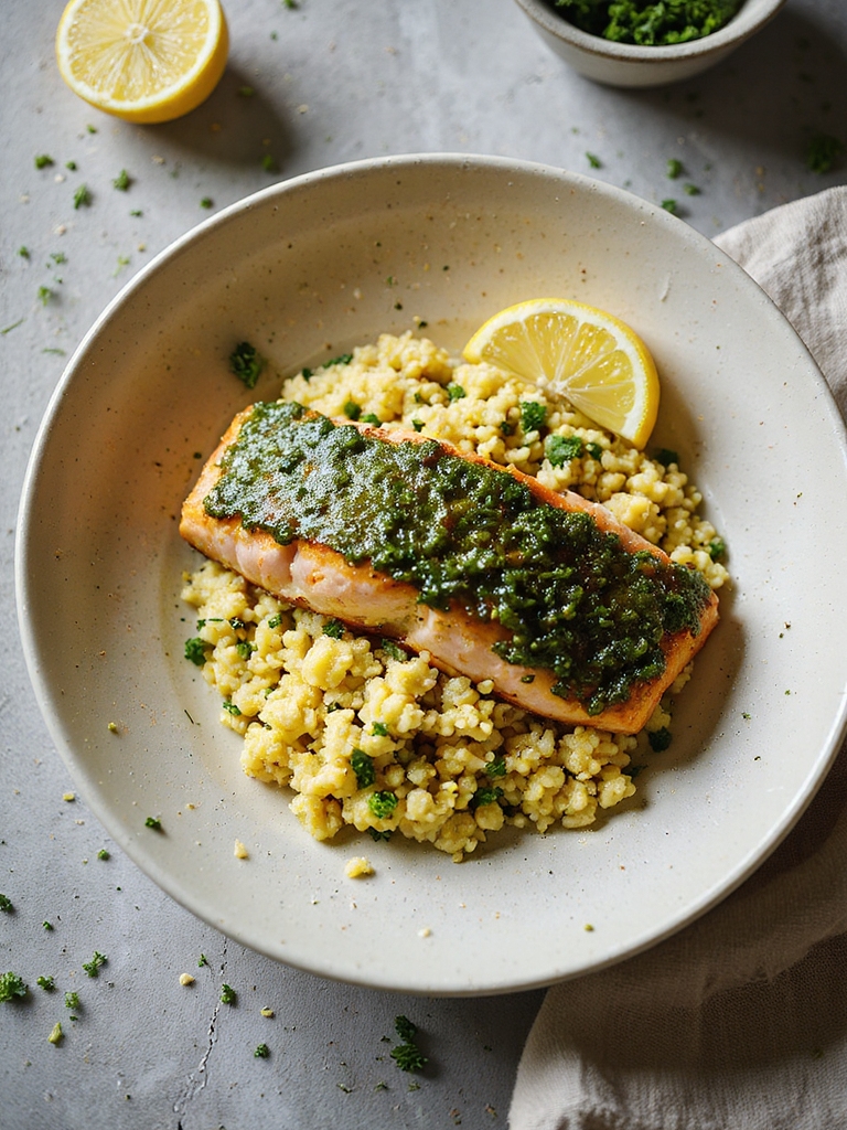 pesto crusted salmon with couscous
