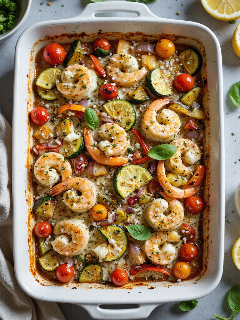pesto shrimp roasted vegetable casserole