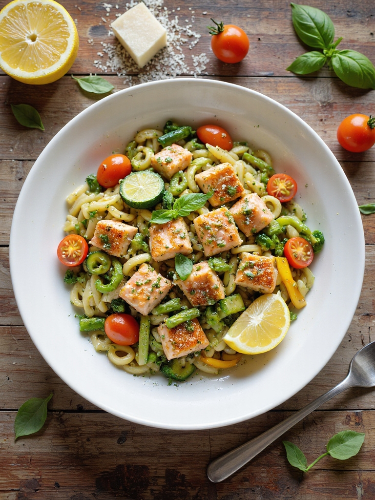salmon pesto pasta primavera