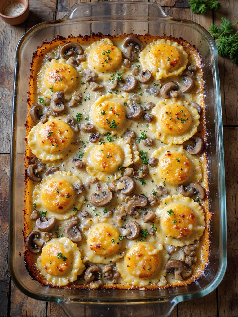 sausage mushroom ravioli gratin
