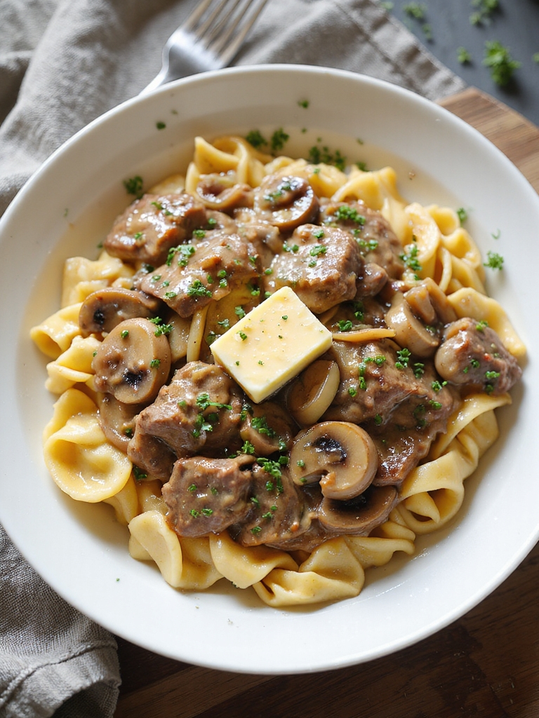 slow cooked creamy beef stroganoff