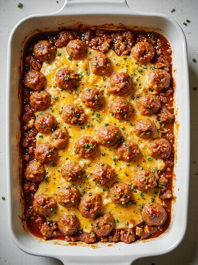 spicy bbq cheddar meatball bake