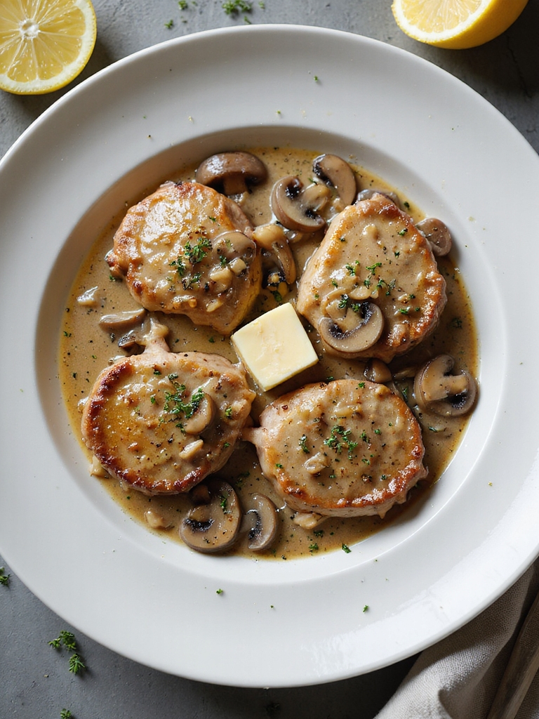 tender chops silky mushroom sauce