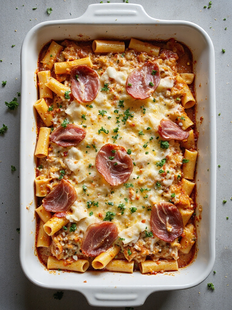 three cheese ziti casserole with prosciutto