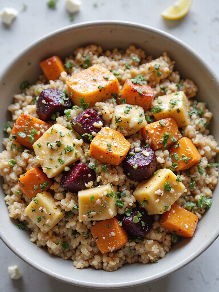 warm farro roasted root salad