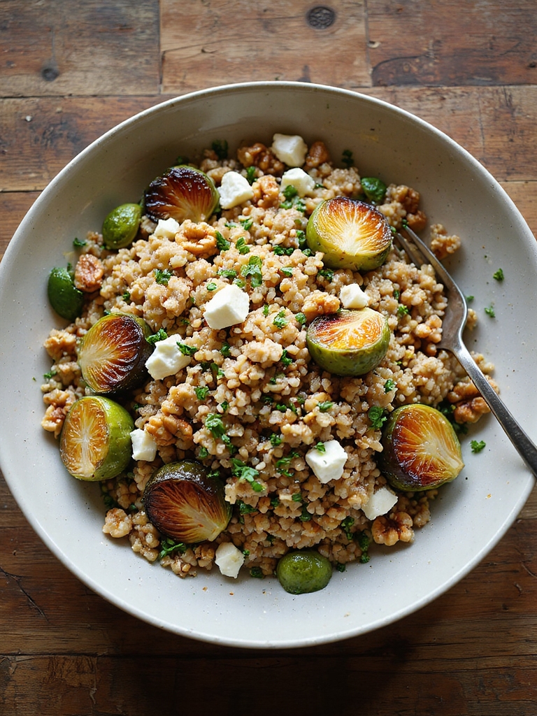 warm farro with roasted brussels