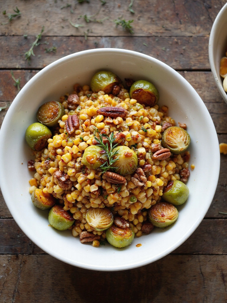 maple roasted corn and brussels